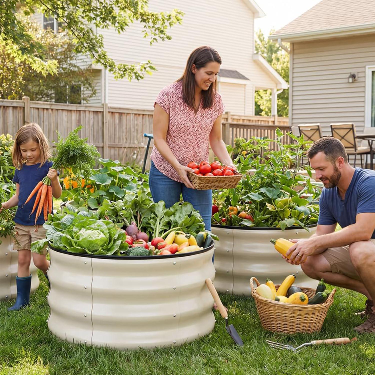 2Pcs 2x2x1ft Round Galvanized Raised Garden Bed Kit Outdoor, Metal Planter Box for Planting Plants Vegetables, White