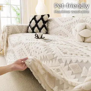 1Pc Boho Chenille Sofa Throw Blanket Couch Cover, Dustproof Sofa Slipcover, Geometric Textured Boho, Pet-Friendly Non-Slip Furniture Protector, Machine Washable, All-Season Sofa Towel for Sectional/L-Shape, 1/2/3/4-Seater, Cream/Beige