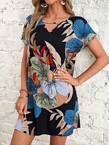 Summer Tropical Floral Print V-Neck Batwing Sleeve Dress, Women's Casual Holiday, Fitted Woven Fabric, Age 18-24, Popular Summer Style