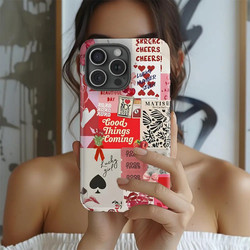 Red Positive Affirmation Collage Phone Case, Flirty Scrapbook, Cute and Preppy 2-in-1 Phone Case, Durable, Shock Absorbent, Fashionable Design. Compatible with Iphone 11, 12, 13, 14, 15 and 16 Pro Max and Pro Plus Series A creatively designed new phone ca