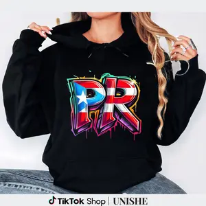 PR Street Art Flag Hoodie – Unisex Long Sleeve 100% Cotton, Puerto Rico Graffiti Print