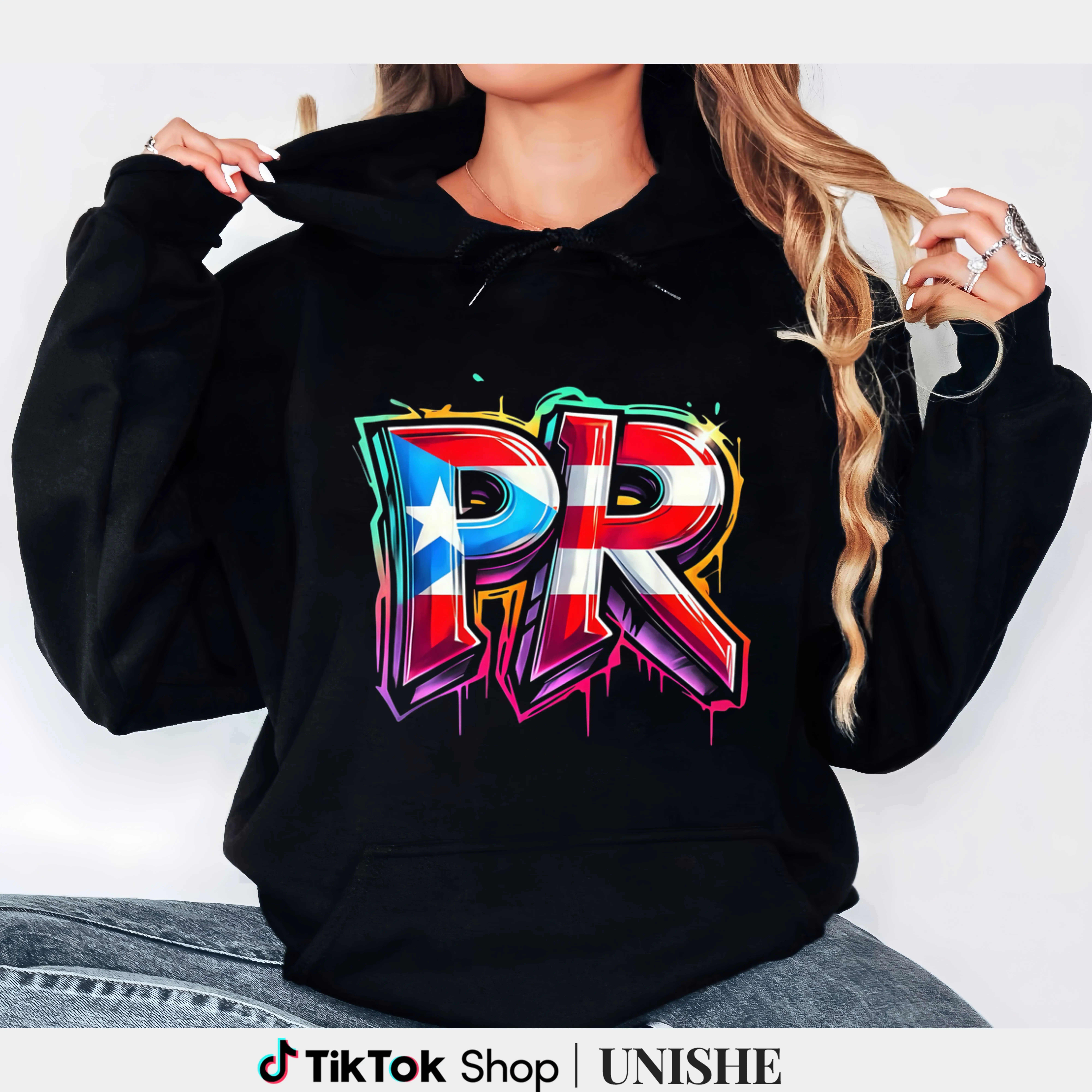 PR Street Art Flag Hoodie – Unisex Long Sleeve 100% Cotton, Puerto Rico Graffiti Print Sweatshirts Womenswear