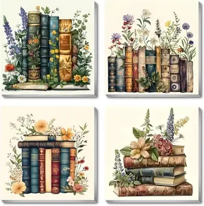 5D DIY Full Drill Diamond Painting Kit 4-Piece Set Vintage Floral Books Dark Academia Aesthetic Art Craft for Adults Home Wall Decor