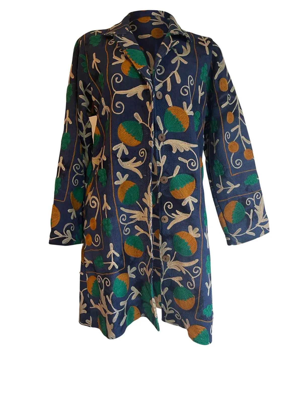 MAYA COAT - Vintage Kantha With Suzani Embroidery NAVY & GREEN- MEDIUM coat fall