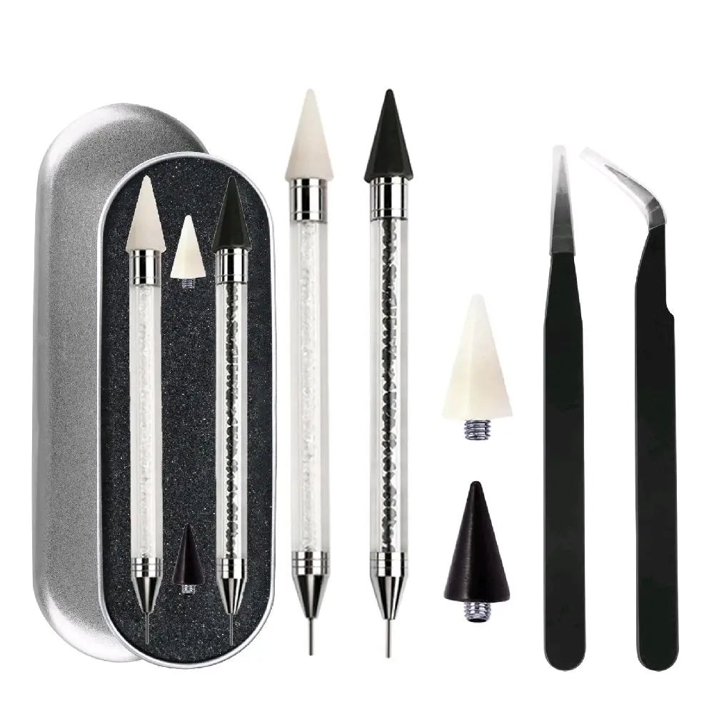 2 Pcs Rhinestone Diamond Painting Dotting Pen Set, Sewing Tools with Wax Pencil for Manicure Nail Art DIY Decorations (Black and White)