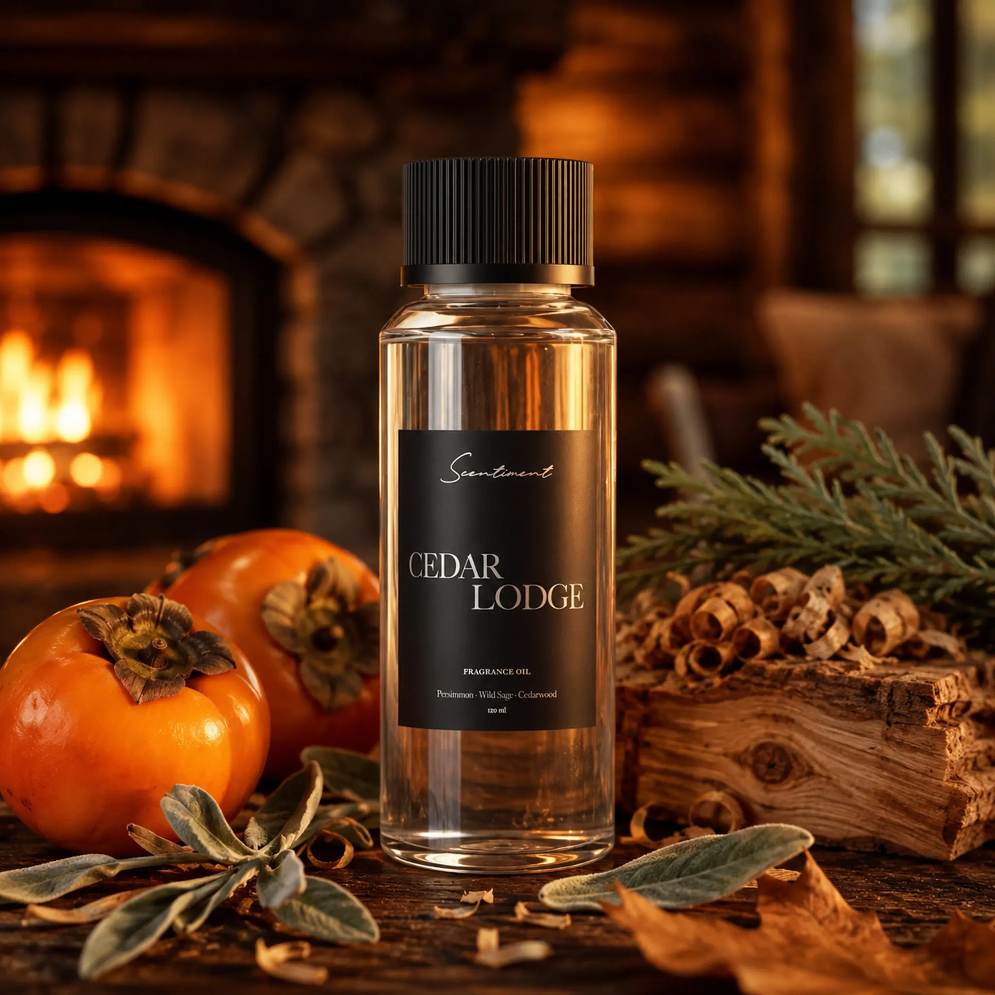 Scentiment Cedar Lodge Fragrance Oil- Woody fragrance blending ripe autumn fruit and aromatic sage with soft florals, tea leaves, sandalwood, and cedar.