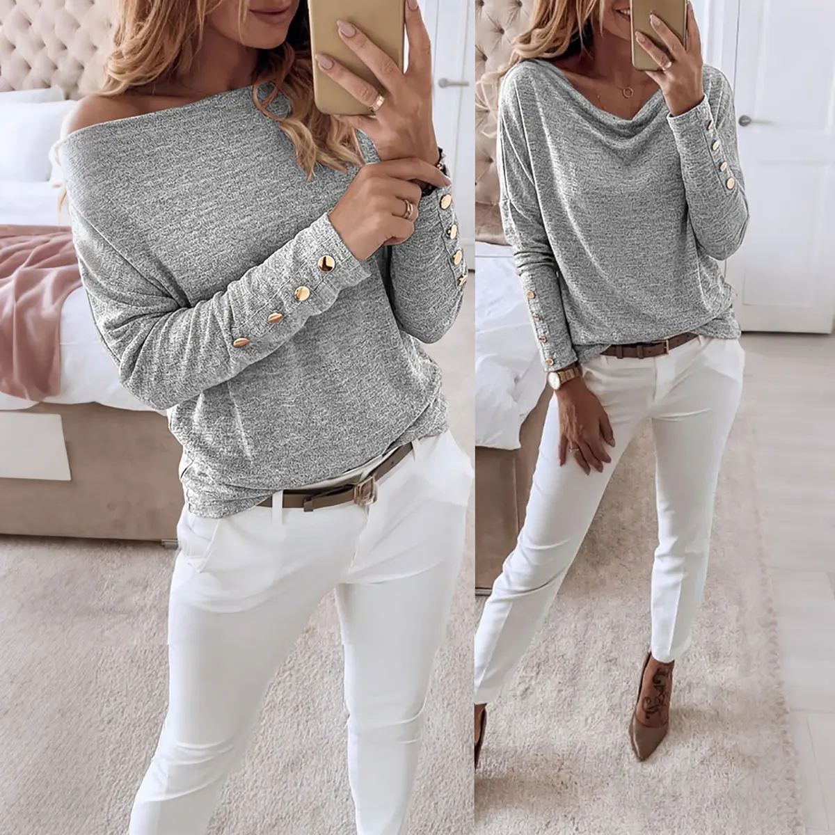 CHICMEWomen's Multi Way Neck Long Sleeve Top Gold Button Detail Casual Knit Tee