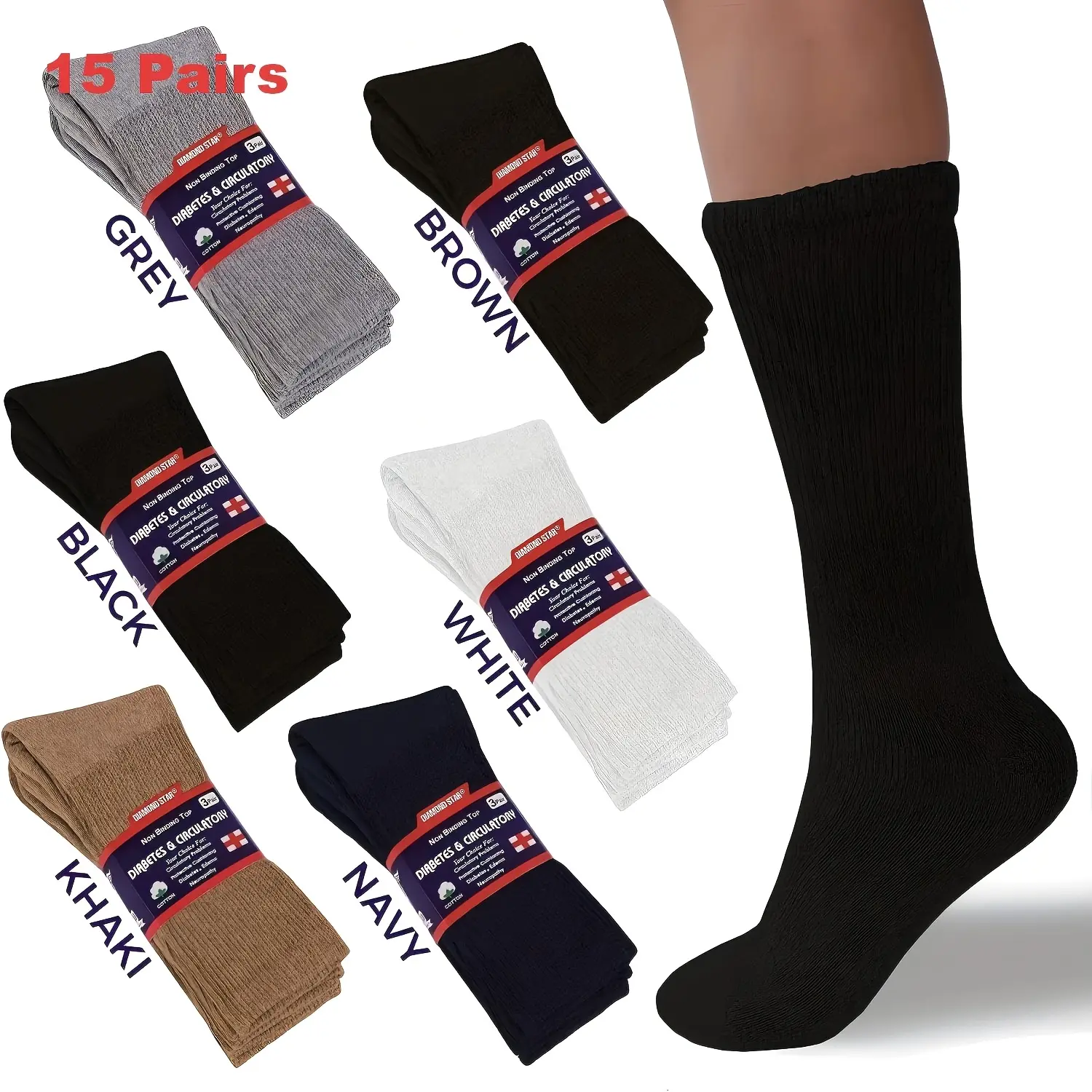 15 pairs of extra-wide socks, suitable for heavy feet and diabetic feet, elastic support, ideal for swollen ankles and feet, unisex, essential for foot care |   Comfortable sock design |   Elastic fabric, diabetic socks