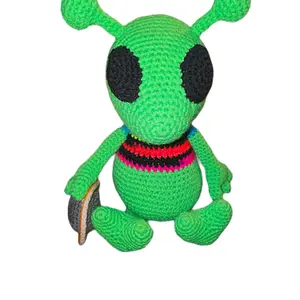 Handmade Crochet Green Alien with Striped Shirt and Spaceship - Perfect for Kids' Room Decor