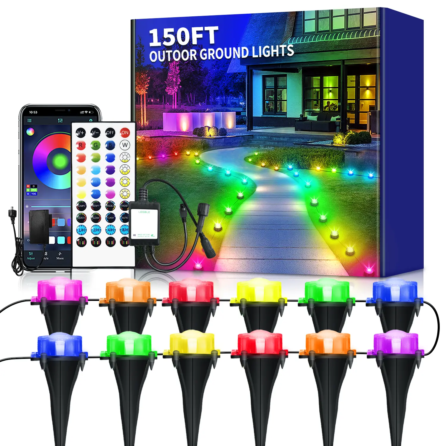 RGB Outdoor Ground Lights, 150Ft（45 lights） Color Changing Pathway Lights with Remote & App Control, Waterproof Walkway Lighting, Wired for Garden Yard Lawn Patio Best for Holiday Party (150FT), Waterproof Lighting