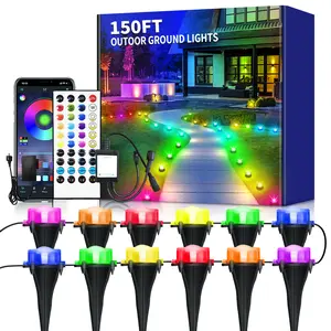 RGB Outdoor Ground Lights, 150Ft（45 lights） Color Changing Pathway Lights with Remote & App Control, Waterproof Walkway Lighting, Wired for Garden Yard Lawn Patio Best for Holiday Party (150FT)