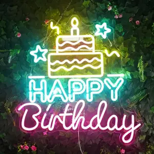 "HAPPY BIRTHDAY" neon sign, colorful birthday cake LED neon, suitable for birthday parties, celebrations, dances of all ages, wall-mounted ambient lights decorated in bars and shops, the perfect birthday gift