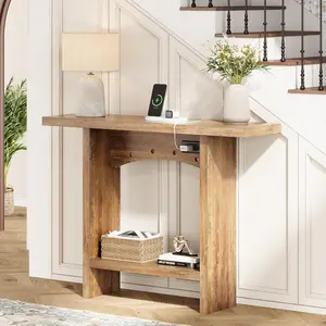 43" Console Table with Charging Station, Farmhouse Entryway Table, Entryway Table with Storage for Living Room or Foyer, Sofa Table for Hallway with Anti-Tip, Easy Assembly, Brown