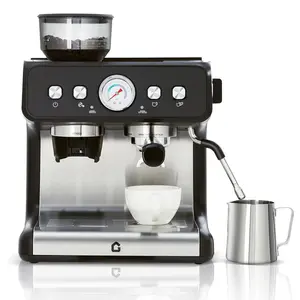 20 Bar Stainless Steel Espresso Machine with Built-in Grinder, Professional Coffee Maker with Adjustable Shot Volume, 1.5L Water Tank & Steam Milk Frother Wand for Home Office