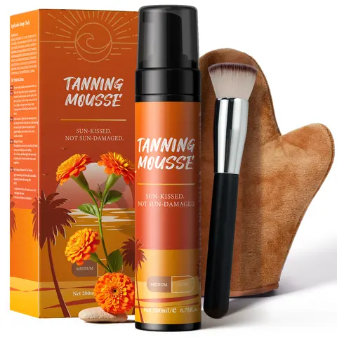 Vegan Self Tanner Mousse Kit - 1-Hour Express 200 ml Dark Bronze with Mitt & Brush, Coconut-Infused Botanicals 30% DHA Body Care Product, Ph-Corrected Fast Bronzing, Paraben-Free, Streak-Free, Odorless, Long-Lasting Radiant Bronzy Body Glow Sunless Tan