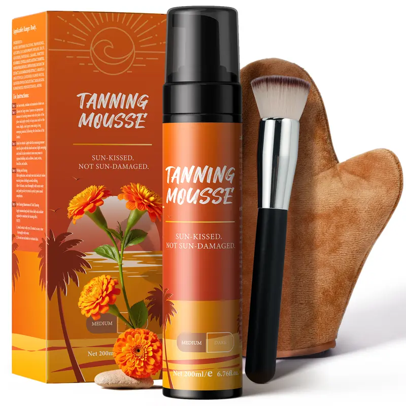 Vegan Self Tanner Mousse Kit - 1-Hour Express 200 ml Dark Bronze with Mitt & Brush, Coconut-Infused Botanicals 30% DHA Body Care Product, Ph-Corrected Fast Bronzing, Paraben-Free, Streak-Free, Odorless, Long-Lasting Radiant Bronzy Body Glow Sunless Tan
