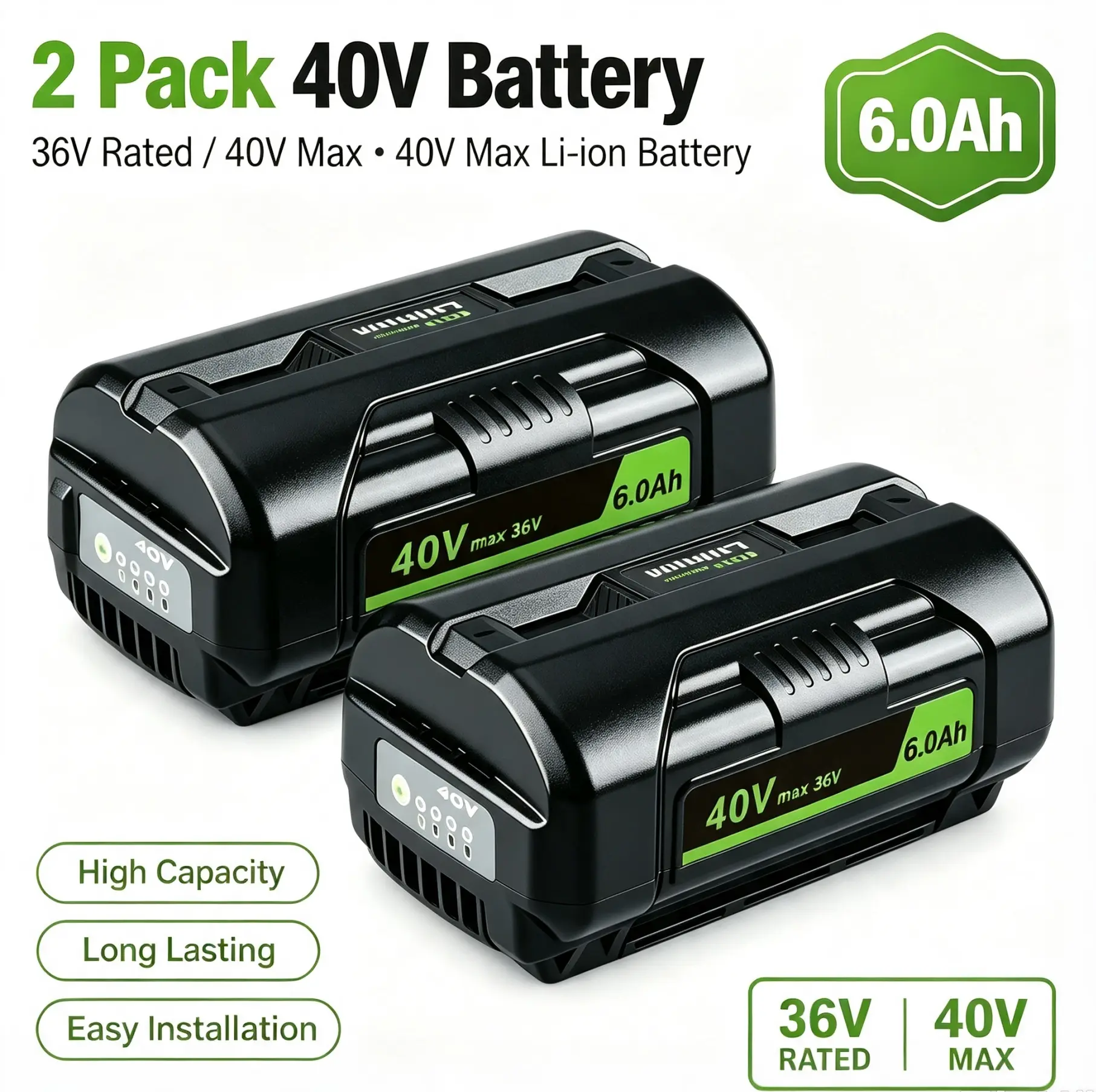 2-Pack 6000mAh 40V Lithium Ion Replacement Batteries for Ryobi, Compatible with Ryobi 40V Lithium Batteries OP40602, OP40601, OP4060A1, OP4026A, OP4075A (Green), 40 Volt Lithium Batteries