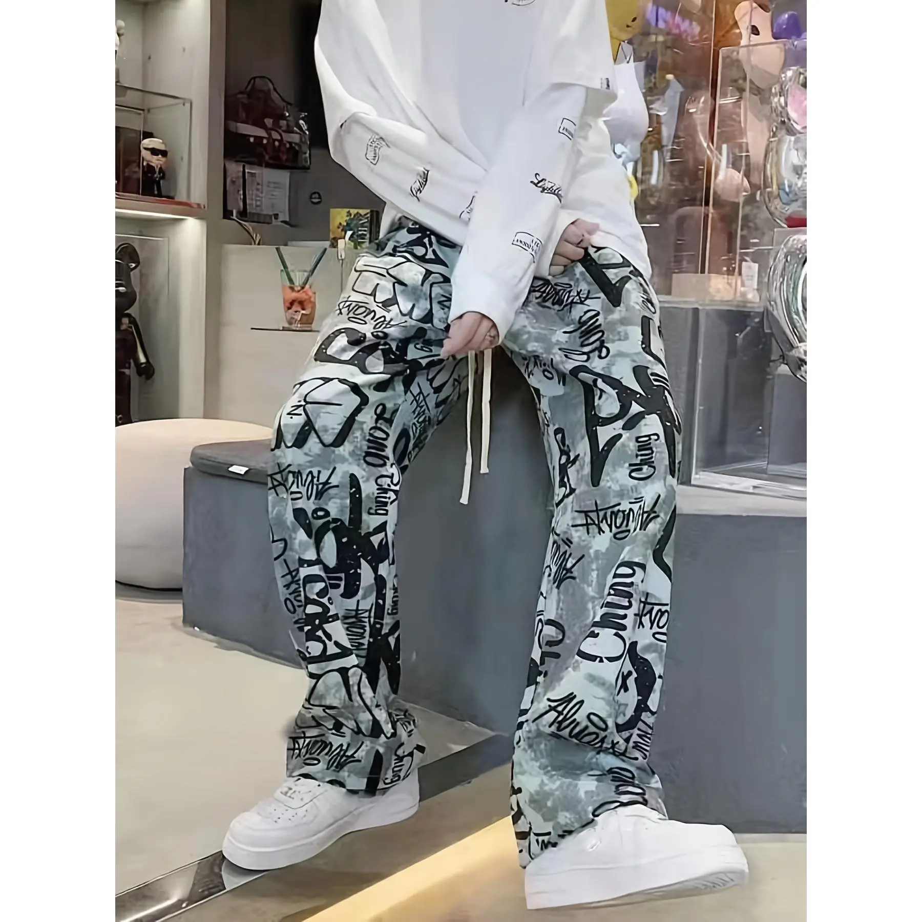 [Polyester Blend Casual Pants] Lightweight Polyester Blend Men's Casual Pants - Wide-Leg Design for Outdoor Activities, Machine Washable - Ideal for Spring/Summer/Fall