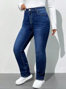 Plus Size Women's Washed Casual Fashion Straight Leg Denim Jeans Pants, High Waist Elastic Fabric, All Seasons Wear, Perfect for Dates