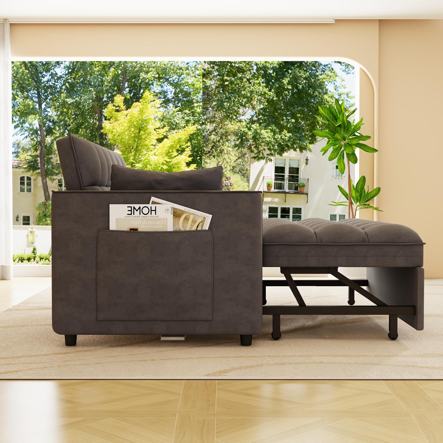 Convertible Sleeper Sofa Bed, Loveseat Sleeper Sofa with Large Side Pockets, Pull Out Sofa Bed with 3 Position Adjustable Backrest, 3 in 1 Velvet Couch Bed for Small Spaces, Apartment, Dark Gray