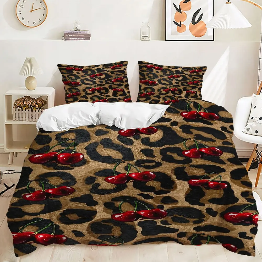 2/3Pcs Luxurious Leopard Print Decorative Duvet Cover Set with Glossy Red Cherries, Bold Bedding Set for a Wild and Chic Bedroom Decor, Soft and Smooth Fabric, Perfect for Stylish Home Makeover!Includes 1 or 2 Pillowcase - No filling/Zipper Closure