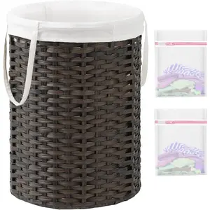 Laundry Basket Round Rattan Laundry Hamper 29.1 Gal(110 L) Handwoven Large Wicker Basket with Handles, Wicker Hamper with Removable Bags and 2 Mesh Bags for Bathroom Living Room Brown(No Lid)