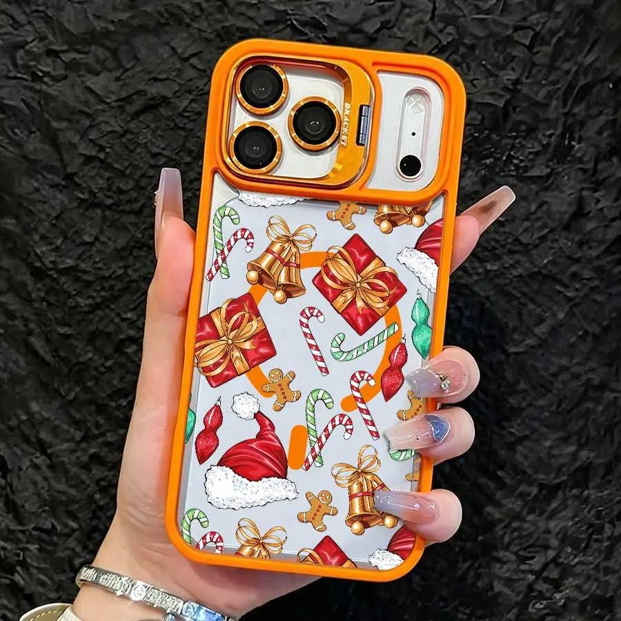 Shockproof Clear Phone Case with Orange Lens Bracket, All-Over Candy Cane, Gingerbread Man, Bell, Gift Box & Santa Hat Print, Fashion Versatile Cover, Compatible with iPhone 17 Pro Max,16,16 Plus,15,14,13,12, Ideal Holiday Gift