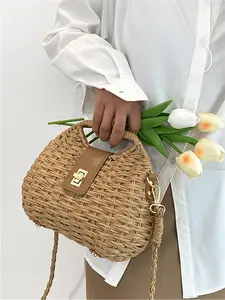 Trendy Summer Woven Shell Bag for Women, Casual Beach Handbag for Vacation, Lightweight Straw Shoulder Crossbody Purse, Shoulder Bags, Straw Boho Bag