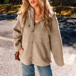 Pale Khaki Fleece Zip Up Drawstring Hooded Pocketed Jacket