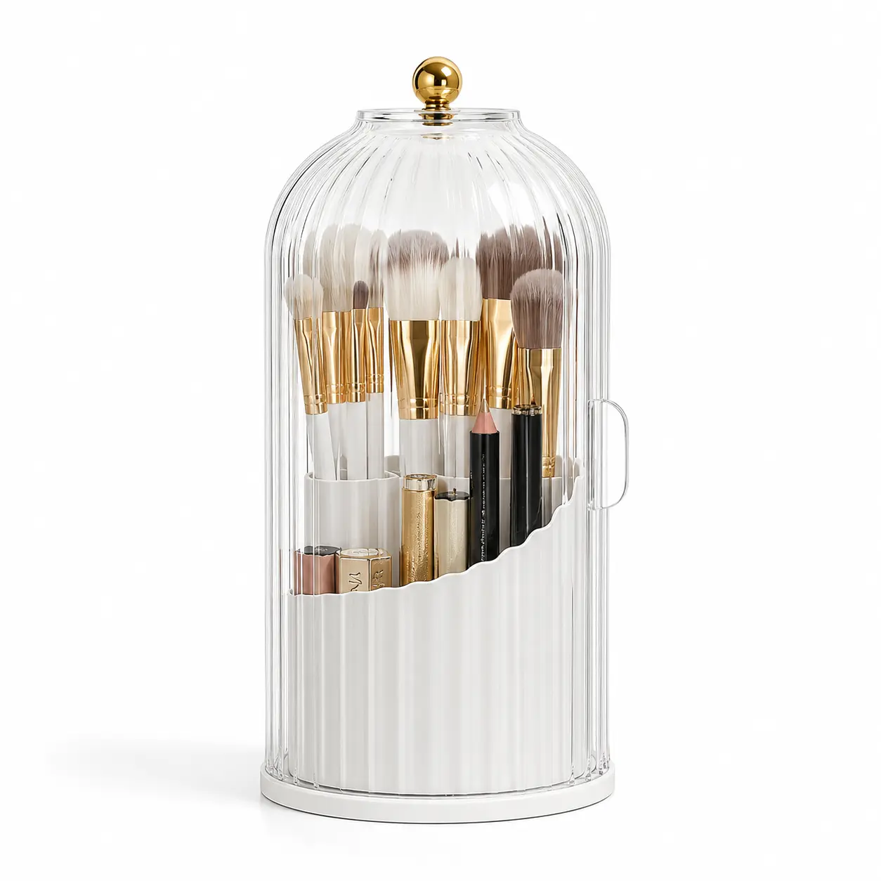 360° Rotating Makeup Brush Organizer with Dustproof Cover, 3-Slot Cosmetic Storage Holder for Vanity Countertop, Clear Plastic Bathroom Organizer for Brushes, Toothbrushes and Beauty Tools