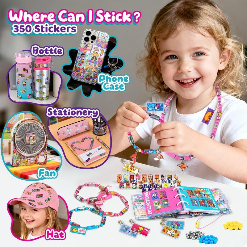 350 DIY Sticker Bracelet Kit with 12 Charms, Colorful Beads, Collectible Book, Jewelry Making Craft Set for Fun and Creativity, Creative Craft Kit