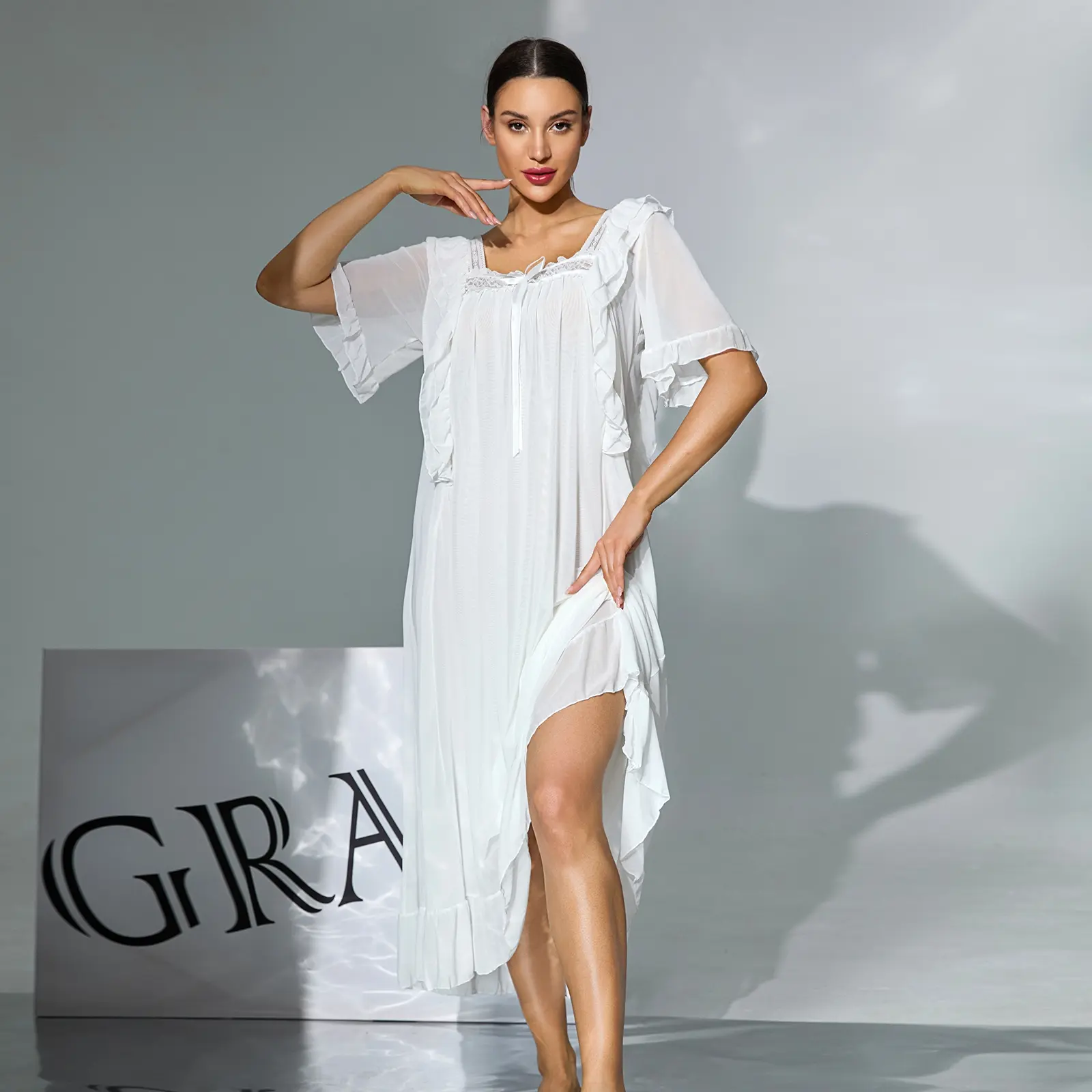 Avidlove Women's Double Layer Mesh Nightgown - Elegant Ruffle Lace Sleep Dress