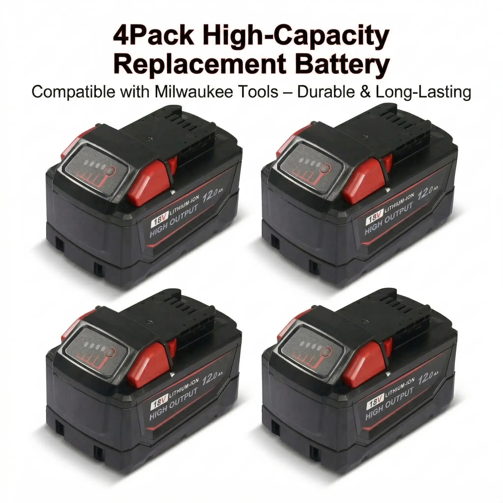 2/4Pack 12.0Ah m18 High-Capacity Battery Replacement, Compatible with Milwaukee 18V Lithium-Ion Tools—Delivers extended runtime for M18 cordless power tools. Compatible models: 48-11-1862, 48-11-1852, 48-11-1880，milwaukee accessories