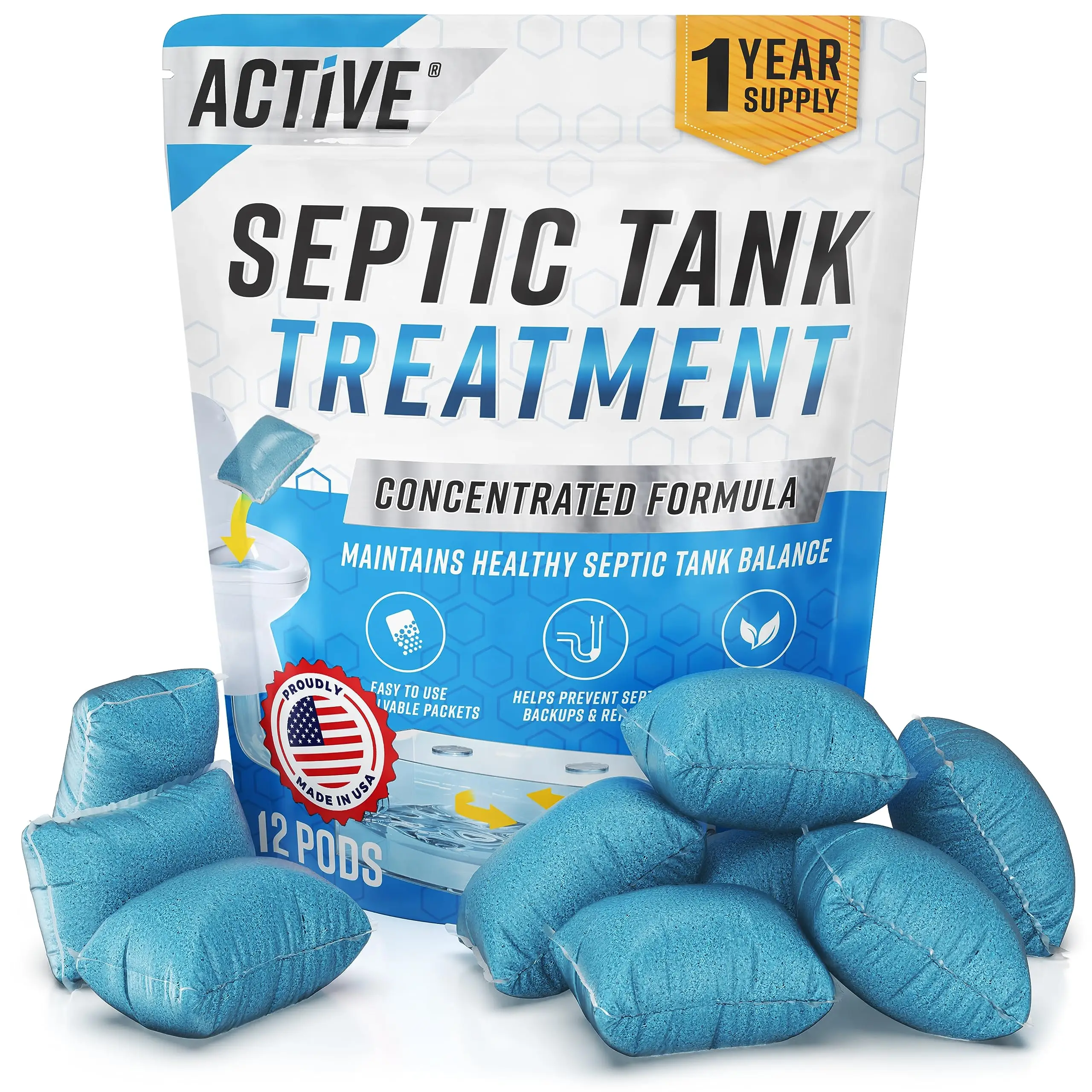 Septic Tank System Treatment Pods - 12 Dissolving Packets | Enzyme-Producing Live Bacteria Solution | 1 Year Supply Professional Eco-Friendly Maintena