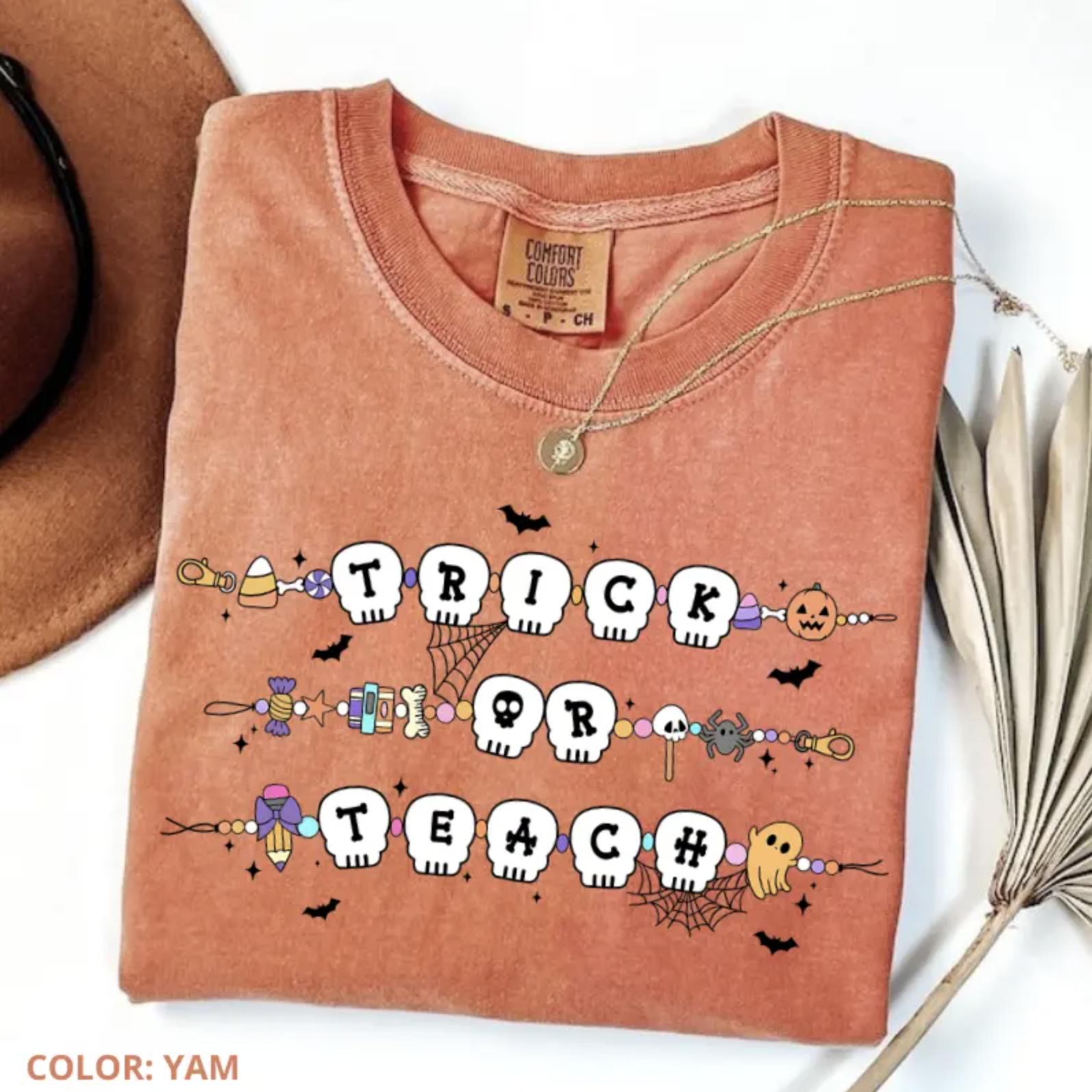 Comfort Colors Trick Or Teach TShirt, Teacher Halloween Graphic Tee, Funny Spooky Skull Candy Pumpkin Shirt, Halloween Teacher Shirt, Spooky Teacher Tee, Cute Fall School Party Outfit