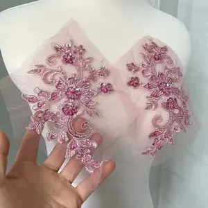 2PCS/Pair,3d Flower Wtih beaded sequined Bodice Applique sewing supplies,Lace Emboridery Sew On Patches For Dresses,Clothing