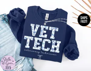 Veterinary Technician Tshirt Sweatshirt Hoodie, Blue Toile Vet Tech Pullover, Cute Vet Med Gift, Animal Care Crewneck, Veterinary Medicine Apparel Cotton Fabric