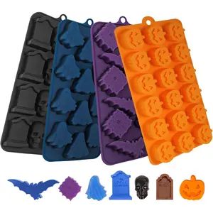 Halloween Chocolate Mold with Pumpkin Jack-O-Lantern, Skull, Tombstone, Ghost, Bat and, Halloween Molds for Chocolate, Candy, Ice Cube, Jello, Soap, Pack of 4