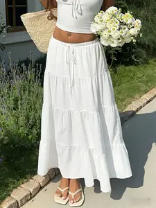 Women's Textured White Ruffled Maxi Skirt, Boho Elastic Waist Tiered Long Skirt For Summer Outings & Casual Fashion