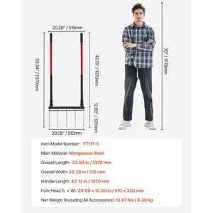 VEVOR Broad Fork, 5-Tine Pitchfork with Dual Fiberglass Handles, Heavy Duty Garden Fork, Ergonomic U-Shaped Design Broadfork Hand Tiller, Gardening Tool for Composting Transplanting Aeration
