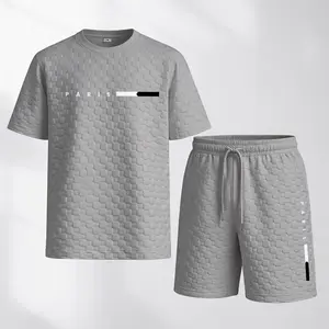 Men's Spring And Summer Paris Letter Print With Red And Black Line Checkered Fabric Drawstring Shorts Set, Casual Summer Outfit With Short-Sleeved Shirt And Shorts, Ideal For Everyday Wear And Sports Activities