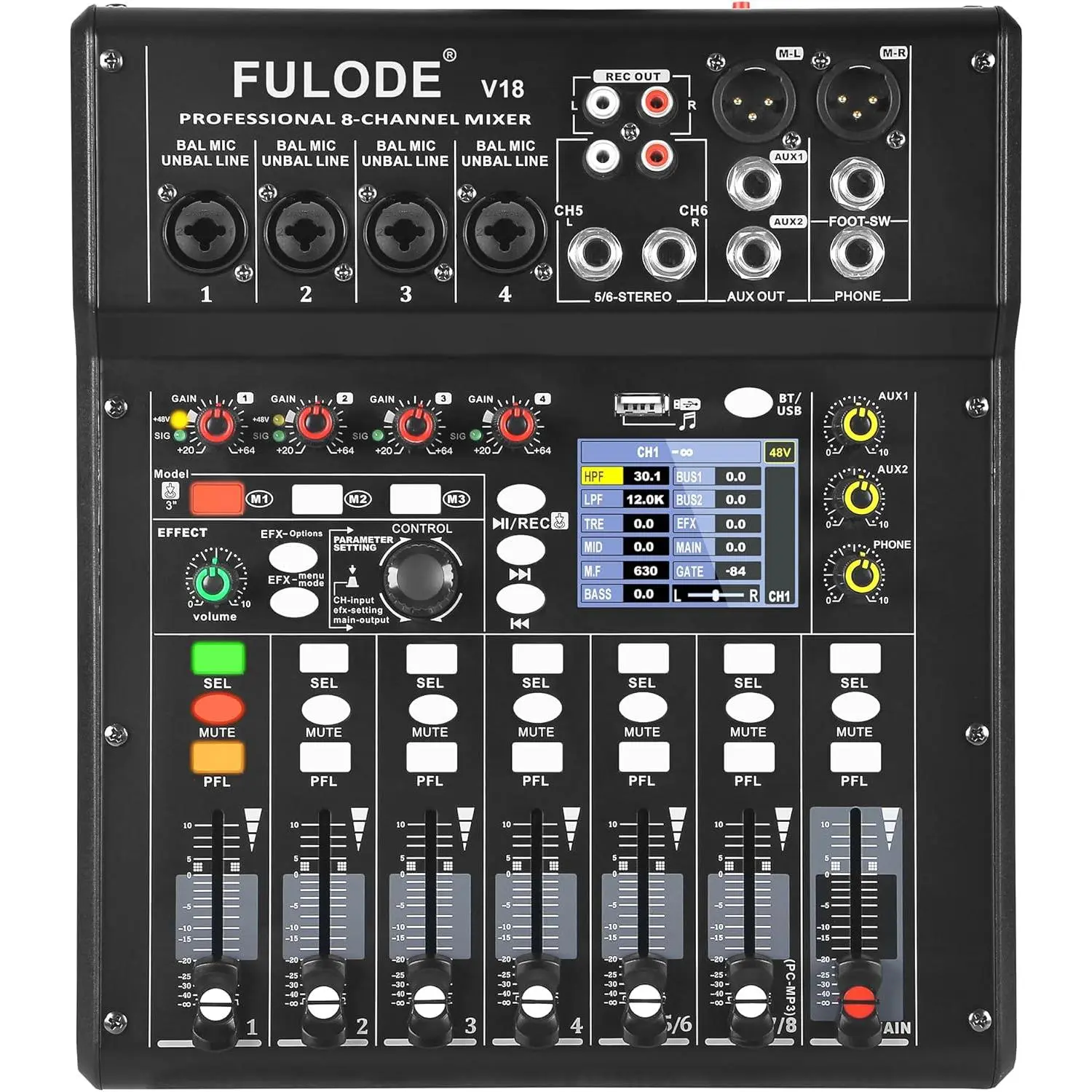 Digital Mixer 8 Channel Compact Audio Mixing Console with 16 DSP Effects, Professional 6-Band EQ DJ Music Sound Mixer with 2.0 USB Port, Bluetooth & PC Debugging for Recording Live Performance