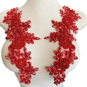 Jpumley. Pksn Handmade Rhinestones on Lace Applique Trim Sewing Beads Sequins Trim Patches for Wedding Dress Accessories 1Pair/Bag 6X14inches (Red)