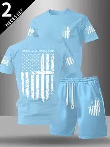 Men's Flag Series Graphic Print Round Neck Short Sleeve Casual T-Shirt + Waist Drawstring Shorts Set, School Sports Ready Outdoor Leisure 2 Piece