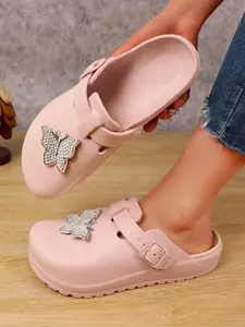 Women's Lightweight Thick Sole Eva Mules with Diamond Butterfly Accent, Breathable Washable All-Season Casual Shoes, Non-Slip Adjustable Straps, Non Slip Clogs