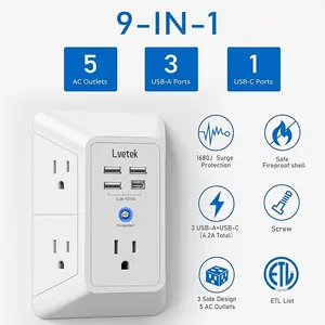 Lvetek 5 Outlet Extender with 4 USB Ports 1680J Surge Protector Wall Mountable Power Strip ETL Listed White for Home Office Travel