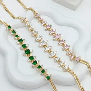 Yordy Elegant Bracelets for Women 14K Gold Plated with Colored Zircons Adjustable High Quality Jewelry in Emerald Green Pastel Pink & Crystal White