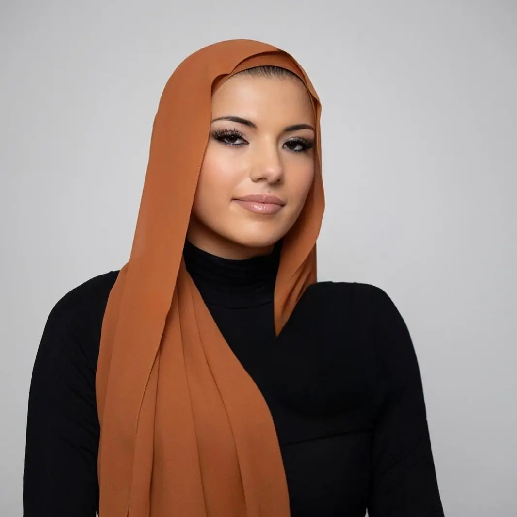 Women's Instant Hijab Set, Warm Orange Tone Textured Chiffon Hijab for Casual Wear