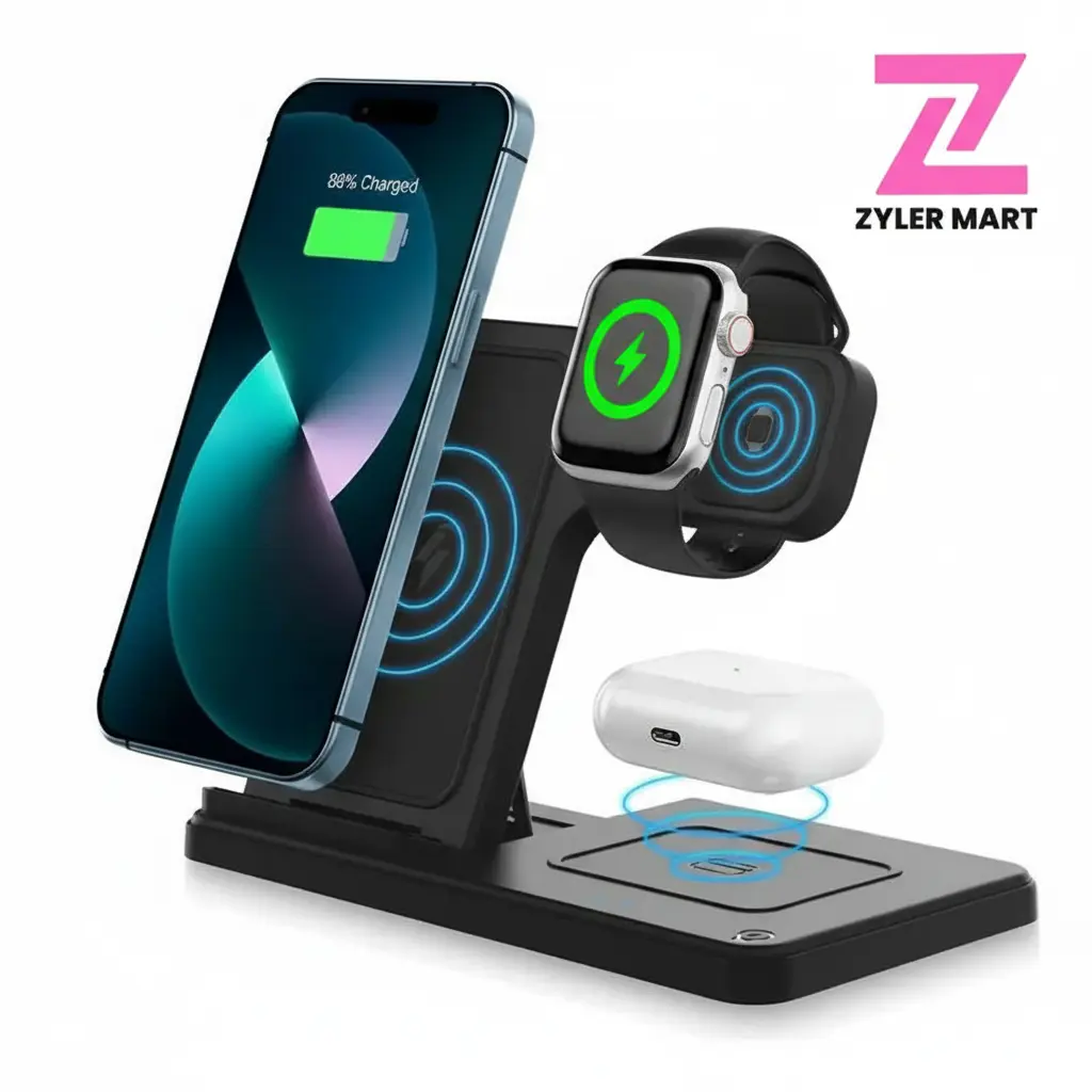 Zyler Mart 3-in-1 Portable Compact Folding Fast Charging Wireless Charger Station with Dual Coil Tech, Adjustable Slopes for Hands-Free Viewing, Compatible with iPhone 15 14 Pro Max 13 12 11