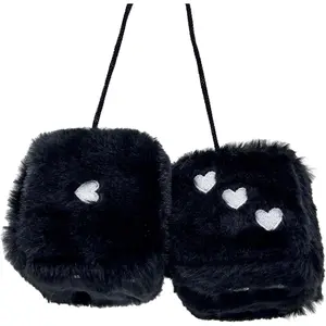 Heart Embroidered Black Fuzzy Plush Dice - 3-Inch Decorative Car Mirror Hanging Ornaments, Soft Foam, Easy Install, Great Gift Idea (Black)